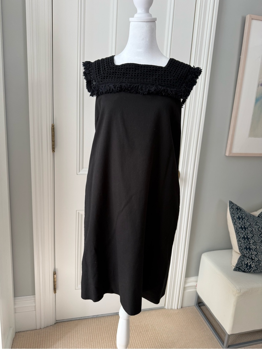 Madewell Black Midi Fringe Square-Neck Dress